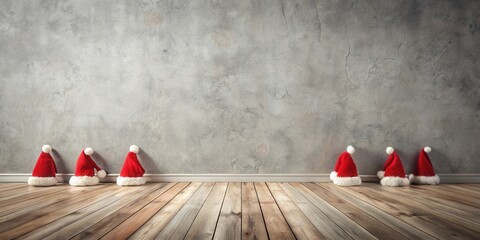 Poster - A Festive Holiday Scene with Santa Hats Leaning Against a Textured Wall in an Empty Room
