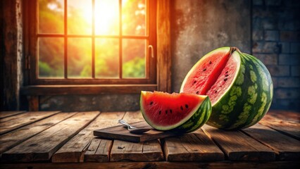 Poster - Summer's sweet juicy watermelon slices on rustic wooden table near sunlit window