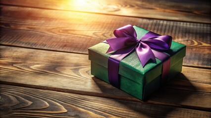 Poster - A luxuriously wrapped present sits on a rustic wooden surface, bathed in warm, golden light.