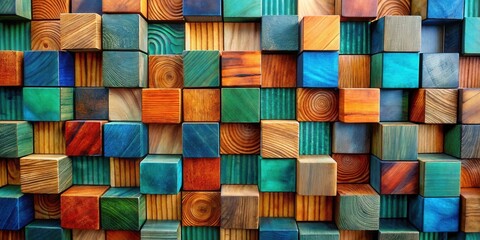 Aufkleber - A vibrant arrangement of colorful wooden cubes, showcasing diverse wood grains and hues in a captivating geometric pattern