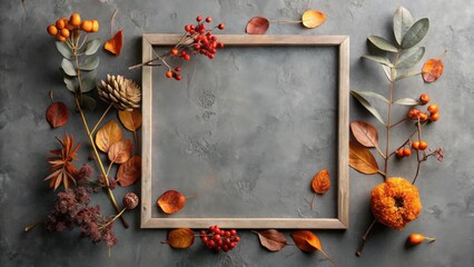 Aufkleber - Autumnal Frame with Dried Flowers and Leaves on a Textured Surface