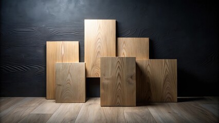 Poster - Abstract Wooden Composition Against Dark Background Light and Shadow Play on Natural Wood Blocks