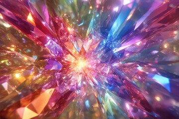 Poster - Radiant crystal starburst emitting vibrant rainbow hues, creating enchanting light effects ideal for magical backgrounds and captivating design projects in creative industries