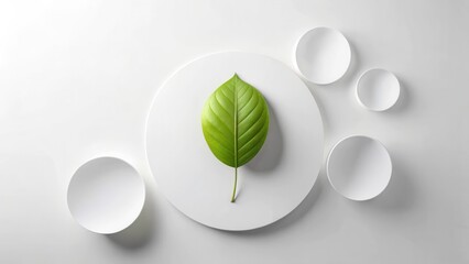 Poster - A single vibrant green leaf rests delicately on a pristine white circular platform, surrounded by smaller white circles, creating a minimalist and serene composition.