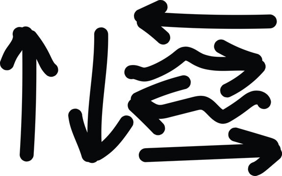 Vector business illustration of set of simple different line shape brush arrow on white background. Flat sketch hand drawn doodle style of collection of various marker abstract black shape element