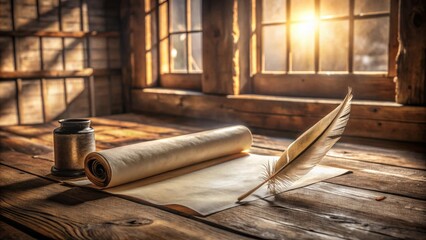 Aufkleber - A Rustic Study  Sunlight Illuminates an Antique Quill Pen Resting Beside a Rolled Parchment on a Weathered Wooden Desk