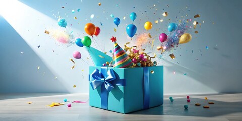 Aufkleber - A vibrant explosion of joy erupts from a teal gift box, a festive spectacle of colorful balloons, confetti, and a cheerful party hat, symbolizing the excitement and wonder of celebration.