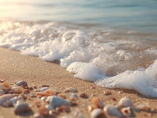 Poster - Gentle ocean waves embracing seashells and smooth stones at golden hour on a tranquil beach