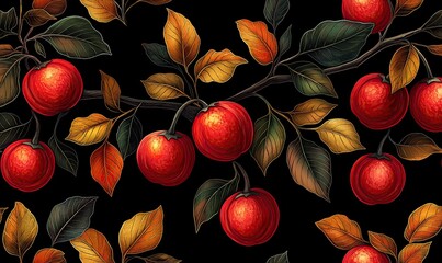 Bright red berries with leaves on a dark background.