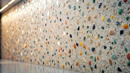 Aufkleber - A Textured Wall of Multicolored Pebbles Embedded in a Light Gray Surface with a Subtle Depth of Field