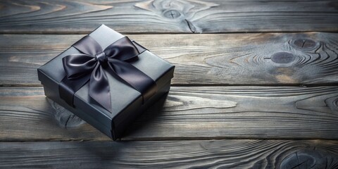 Poster - An elegant dark gift box with a satin ribbon bow rests on a rustic wooden surface.