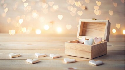 Poster - Wooden Treasure Chest Filled with Small Decorative Hearts on a Table with a Soft Bokeh Background of Hearts
