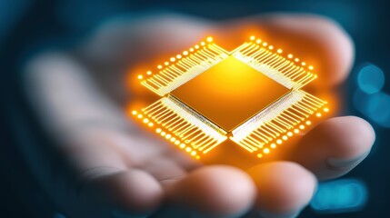 Poster - Hand Holding Futuristic Microchip with Glowing Design Elements