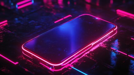 Poster - Neon-lit smartphone amidst abstract geometric shapes, bathed in futuristic hues