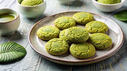 Poster - A plate of delicious matcha green tea cookies, served with a cup of matcha tea, complemented by a vibrant green leaf, creating a serene and inviting culinary scene.