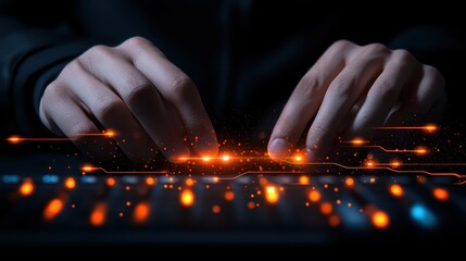 Poster - Hands Typing on Keyboard with Digital Light Effects and Glows