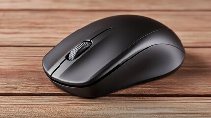 Poster - Black Wireless Computer Mouse on Wooden Desk Surface in Soft Light