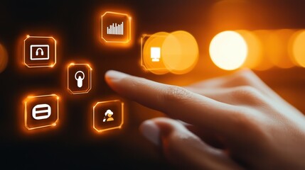 Poster - Finger Touching Digital Interface with Icon Symbols and Glowing Effects