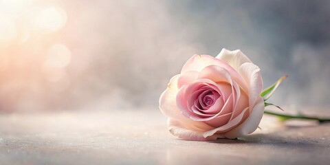 Poster - A single pale pink rose rests gently on a soft, neutral surface, bathed in warm, ethereal light.