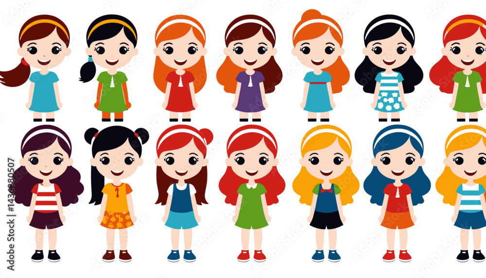 Cute_Cartoon_Girl_Characters_Illustration_Collection_of_Smiling_Young ...
