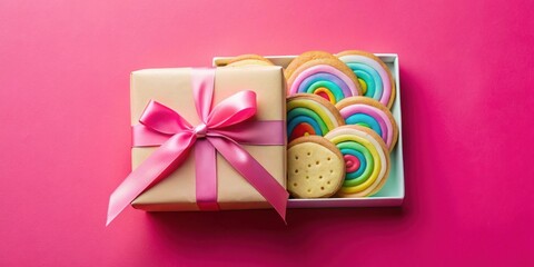 Poster - A Gift Box Filled with Delightful Rainbow-Colored Cookies, Tied with a Pink Ribbon, on a Vibrant Pink Background
