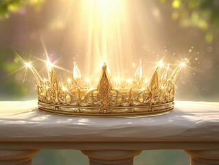 Wall Mural - Fiery crown above a white robe on a stone bench symbolizes anointing and enlightenment