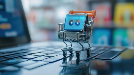 Poster - AI-Powered E-commerce: Robot in Shopping Cart on Laptop Keyboard Displaying Automated Shopping