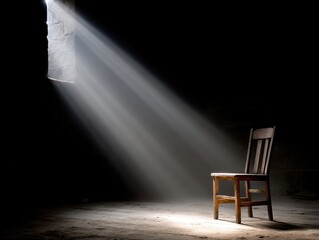 Poster - Light pierces darkness illuminating an empty chair in a quiet room