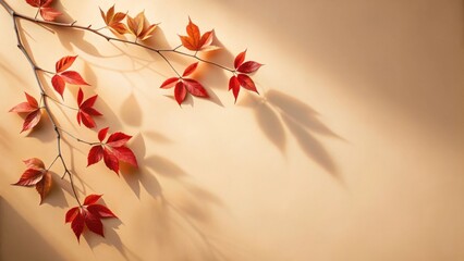 Aufkleber - Autumnal Branch with Vivid Red Leaves Casting Shadows on a Warm Background