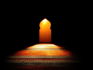Poster - Serene prayer room with a glowing mihrab and intricate carpet for reflection and peace