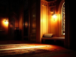 Poster - Quiet sanctuary with illuminated mihrab and rich carpet patterns for peaceful prayer