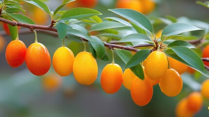 Poster - Vibrant kumquat tree displaying ripe fruit under bright sunlight in a serene garden setting