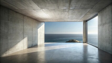 Poster - Spacious concrete room with expansive ocean view through large window