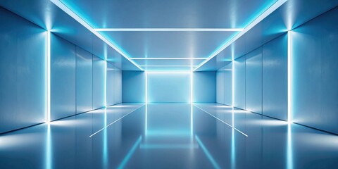 Aufkleber - Futuristic Blue Corridor with Illuminated Walls and Reflective Floor, Ideal for Modern Technological Presentations and Abstract Designs
