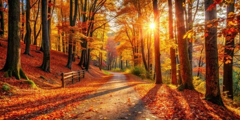Poster - Autumnal Pathway Through Golden Woods, Sunlit Landscape with Fallen Leaves and a Rustic Fence