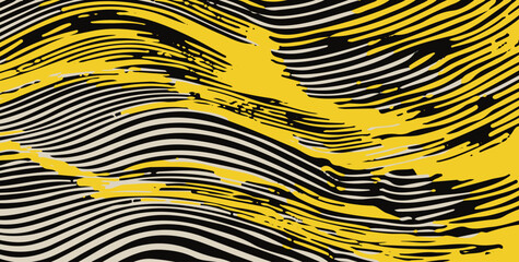 Fototapete - Abstract vector illustration with wavy black and beige lines and dynamic yellow streaks, creating a sense of movement and fluidity in a modern, artistic pattern.