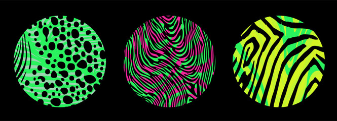 Fototapete - Three circular abstract vector designs on a black background: green with black dots, pink and green wavy stripes, and yellow-green with black zebra-like patterns.