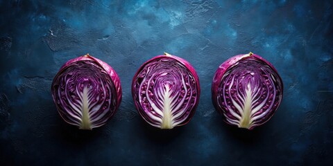 Poster - Vibrant Purple Cabbage Halves Arranged on a Dark Textured Background, Displaying Intricate Inner Layers and Rich Color Contrasts for Culinary and Artistic Applications