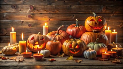 Poster - A Festive Autumnal Still Life Featuring Carved Pumpkins and Glowing Candles on Rustic Wood