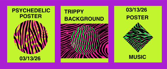 Fototapete - Three vibrant psychedelic poster designs with green, pink, yellow, and black wavy patterns, abstract text, and bold geometric shapes, set against a purple background.