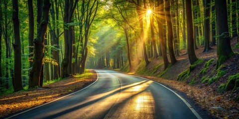 Poster - Sunlit Road Winding Through a Lush Green Forest with Golden Rays of Sunlight Illuminating the Path