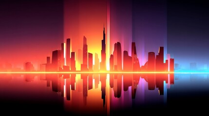 Poster - Abstract Cityscape Silhouette Reflected in Water with Neon Light and Vibrant Colors
