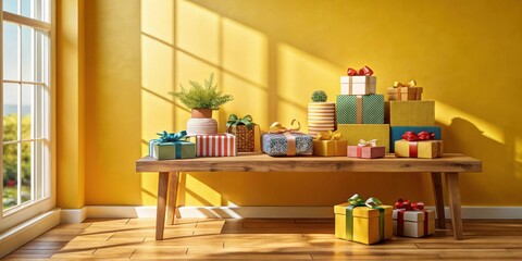 Aufkleber - Sunlit Wooden Bench Displaying a Collection of Wrapped Gifts in Vibrant Colors and Patterns