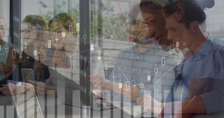 Poster - Image of financial data processing over diverse business people using laptop