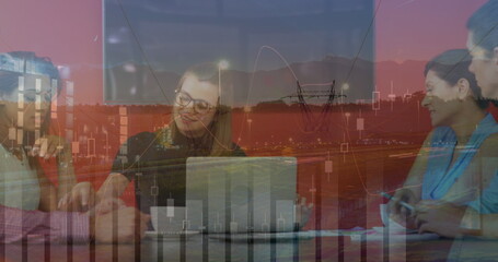 Poster - Image of financial data processing over diverse business people using laptop