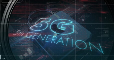 Poster - image of 5g text, data processing, online security padlock and circuit board
