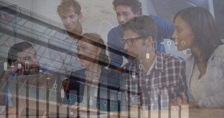 Poster - Image of financial data processing over diverse business people using laptop