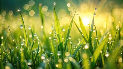 Aufkleber - Vibrant Green Blades of Grass Glistening with Morning Dew Under the Golden Sunlight