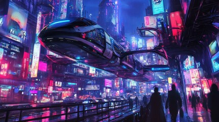 Poster - Futuristic cityscape with flying transportation amid neon-lit buildings and silhouettes