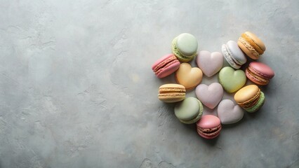 Poster - Delightful Assortment of Pastel-Colored Macarons and Heart-Shaped Delights Arranged on a Textured Surface